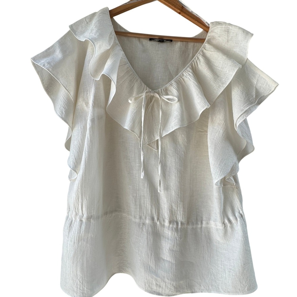100% Linen Lafayette 148 Blouse Size 16 Ruffle V-Neck Peplum Flutter Sleeve
